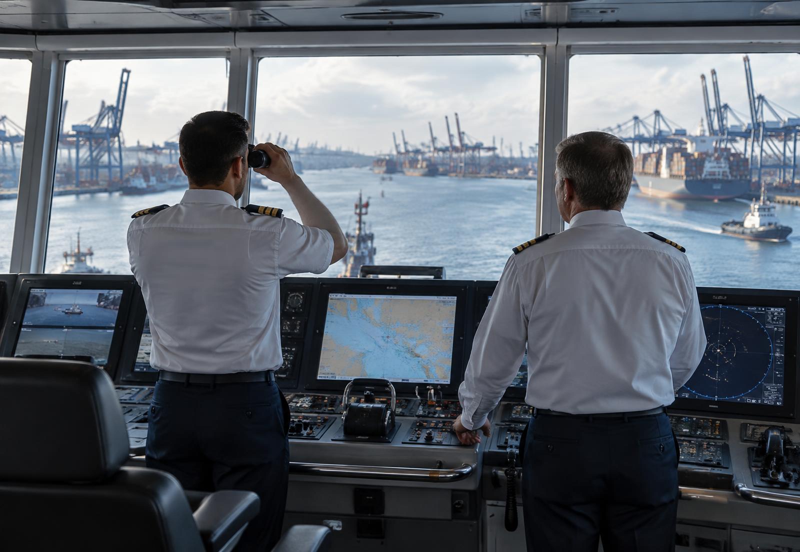 Senior maritime officers conducting bridge operations in port