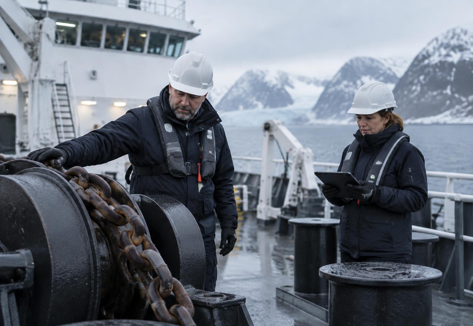 Maritime specialists inspecting deck machinery aboard an expedition vessel
